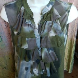 Cabi camo ruffle shirt